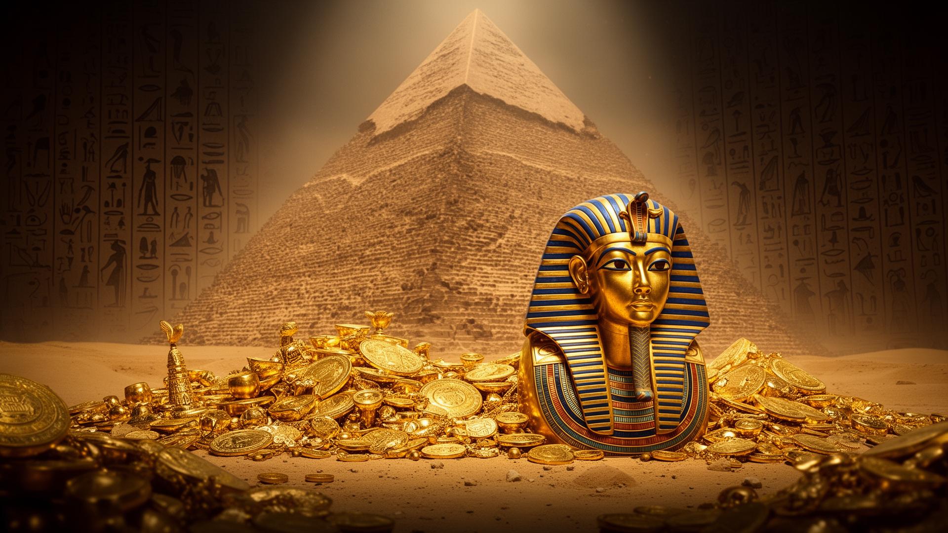 Ancient Egyptian pyramid with golden treasures, pharaoh mask, and hieroglyphic symbols in dramatic lighting
