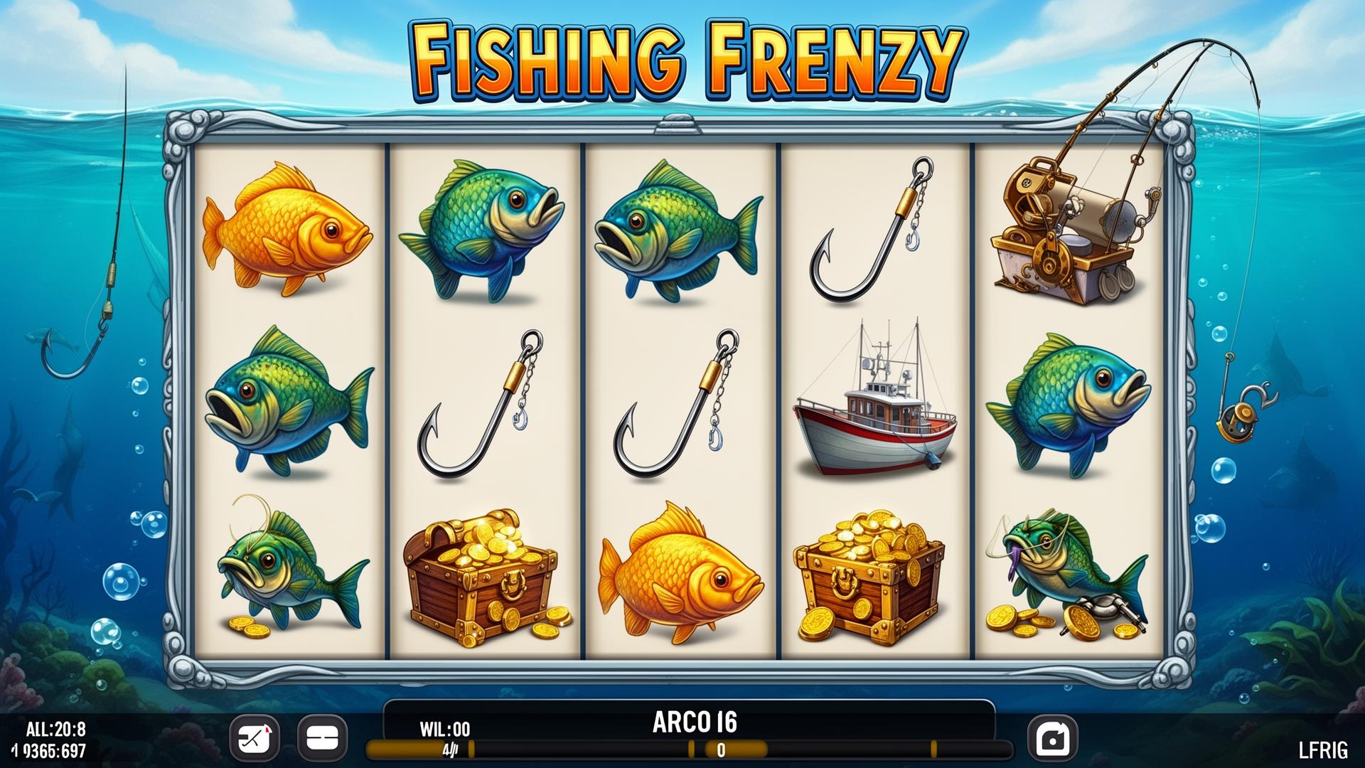 Fishing Frenzy slot game interface with fishing symbols and bonus rounds