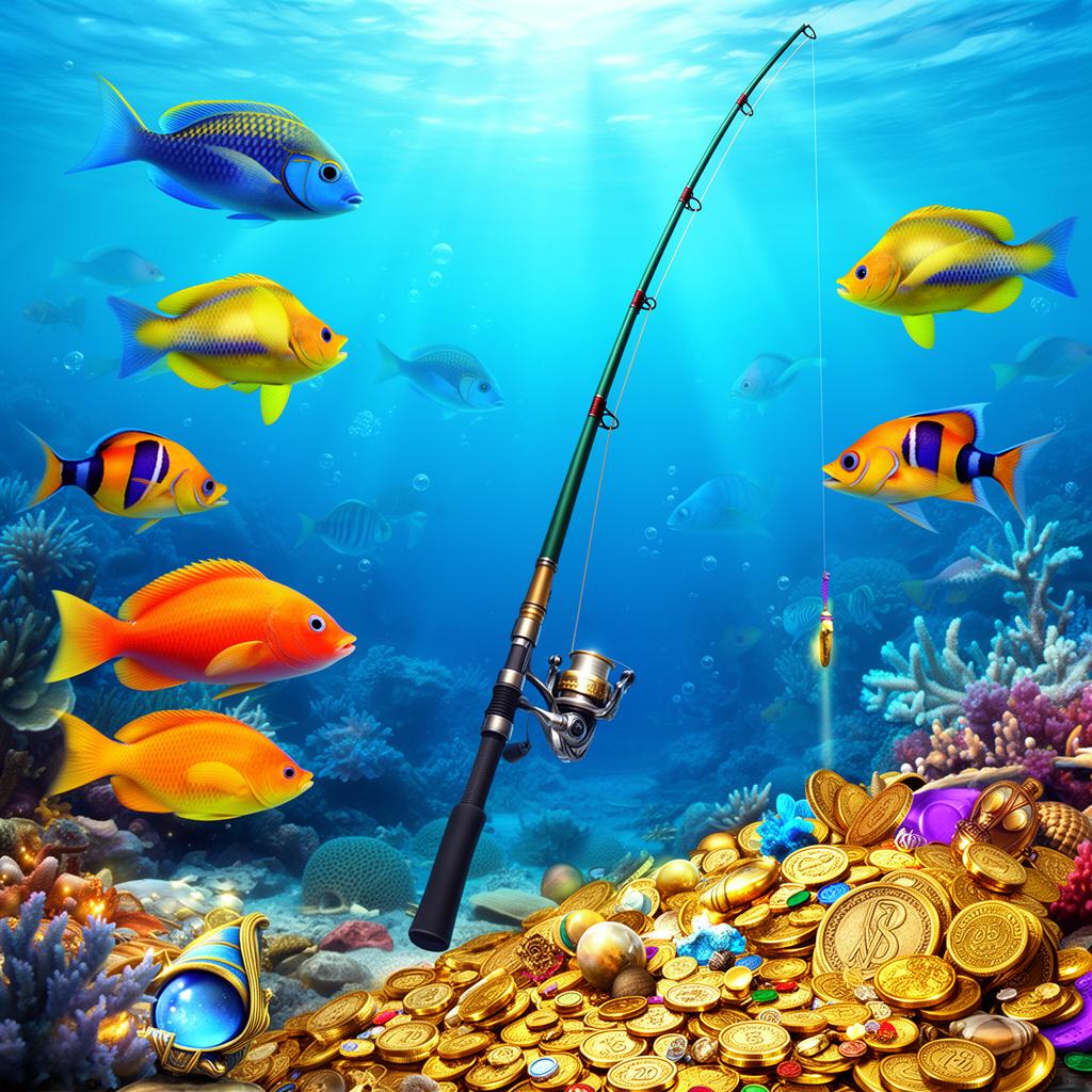 Underwater scene with fish, fishing rod, and aquatic treasures