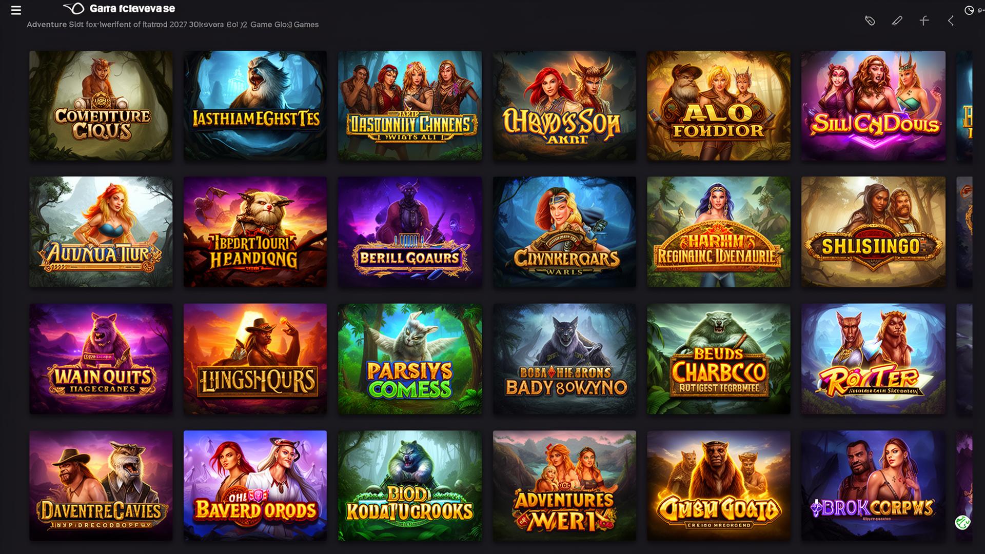 Collection of adventure-themed slot games displayed in grid layout with colorful game cards