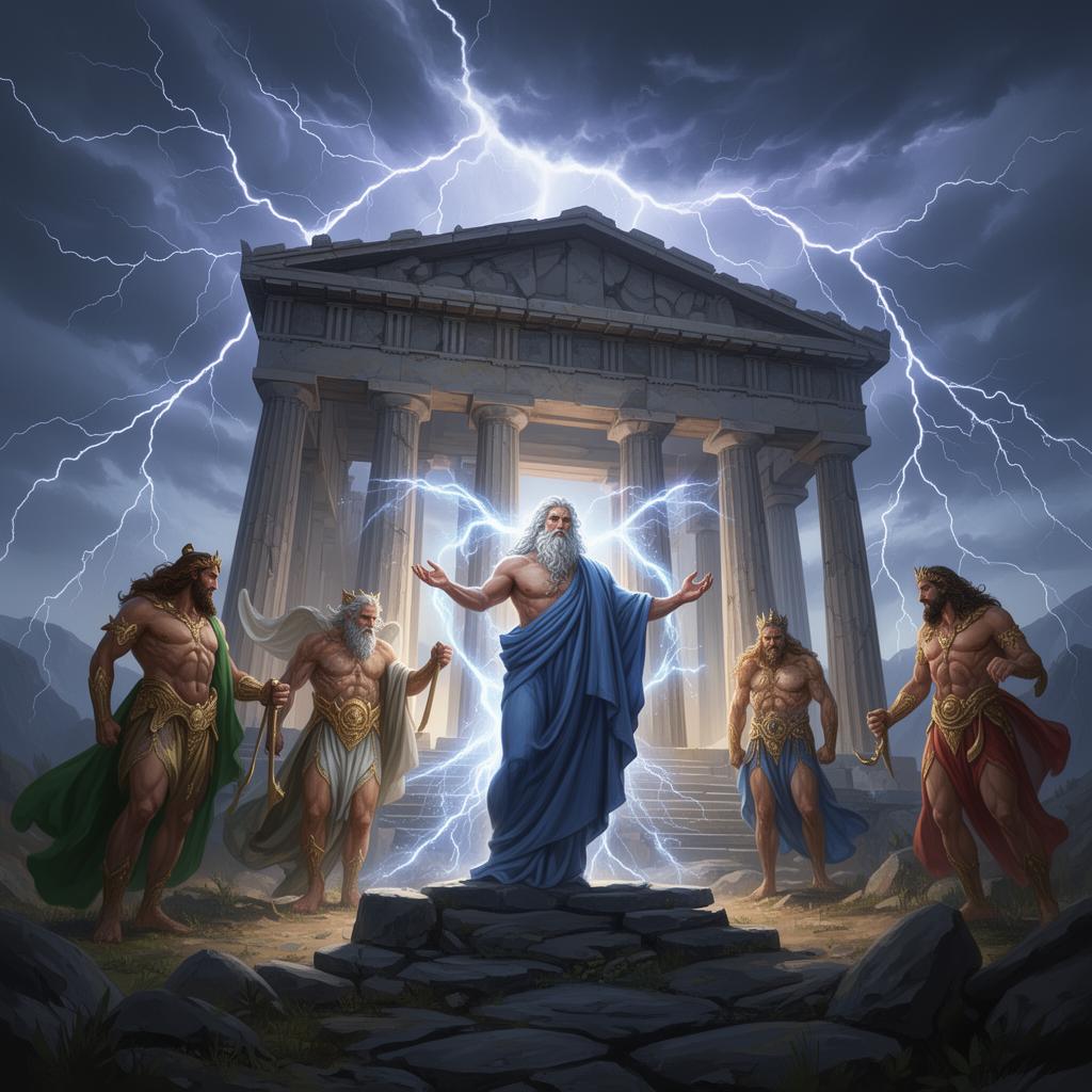 Greek temple with columns, lightning bolts, and mythological gods in dramatic lighting