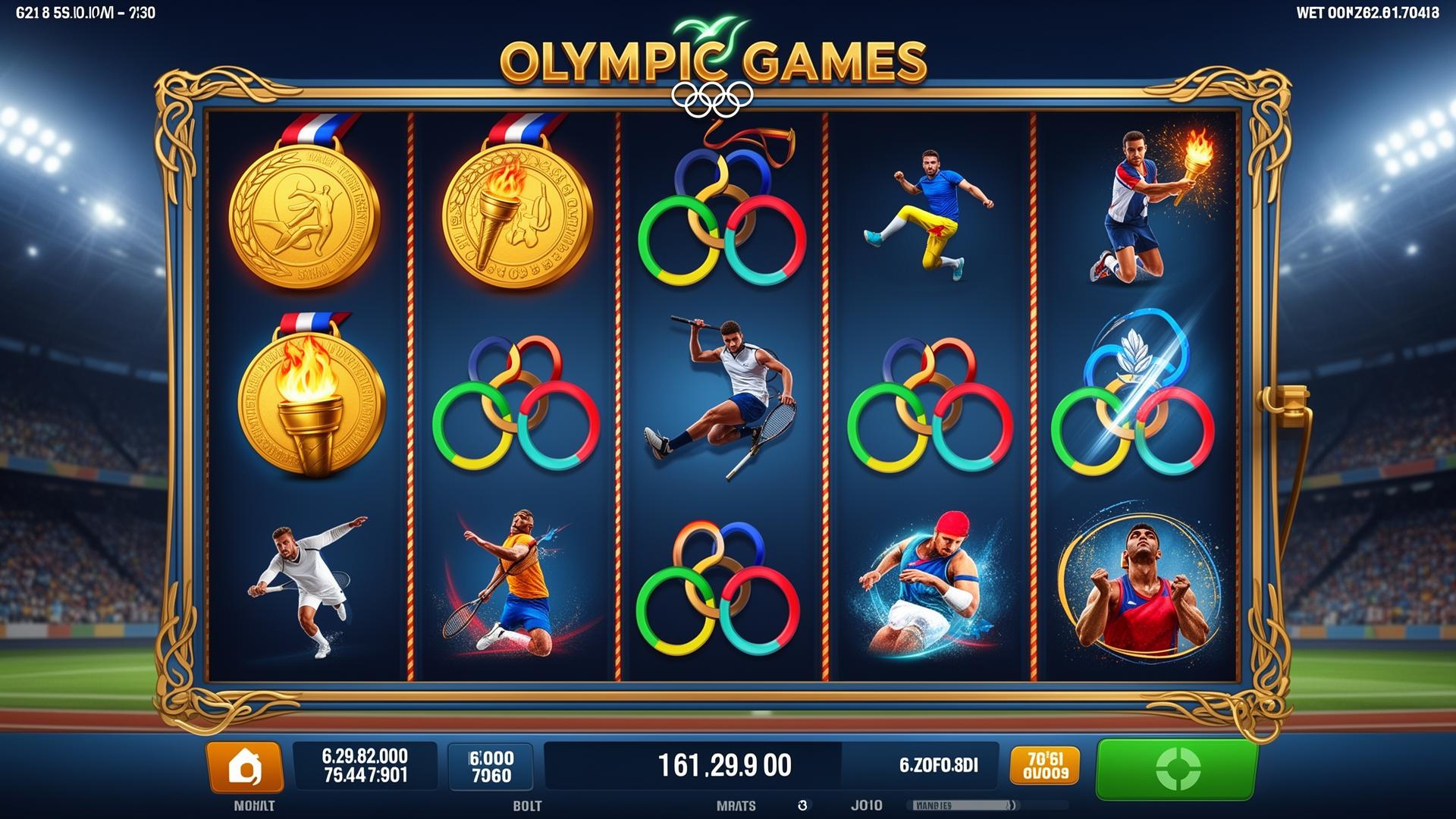 Olympic Games slot game interface with sports symbols and Olympic rings
