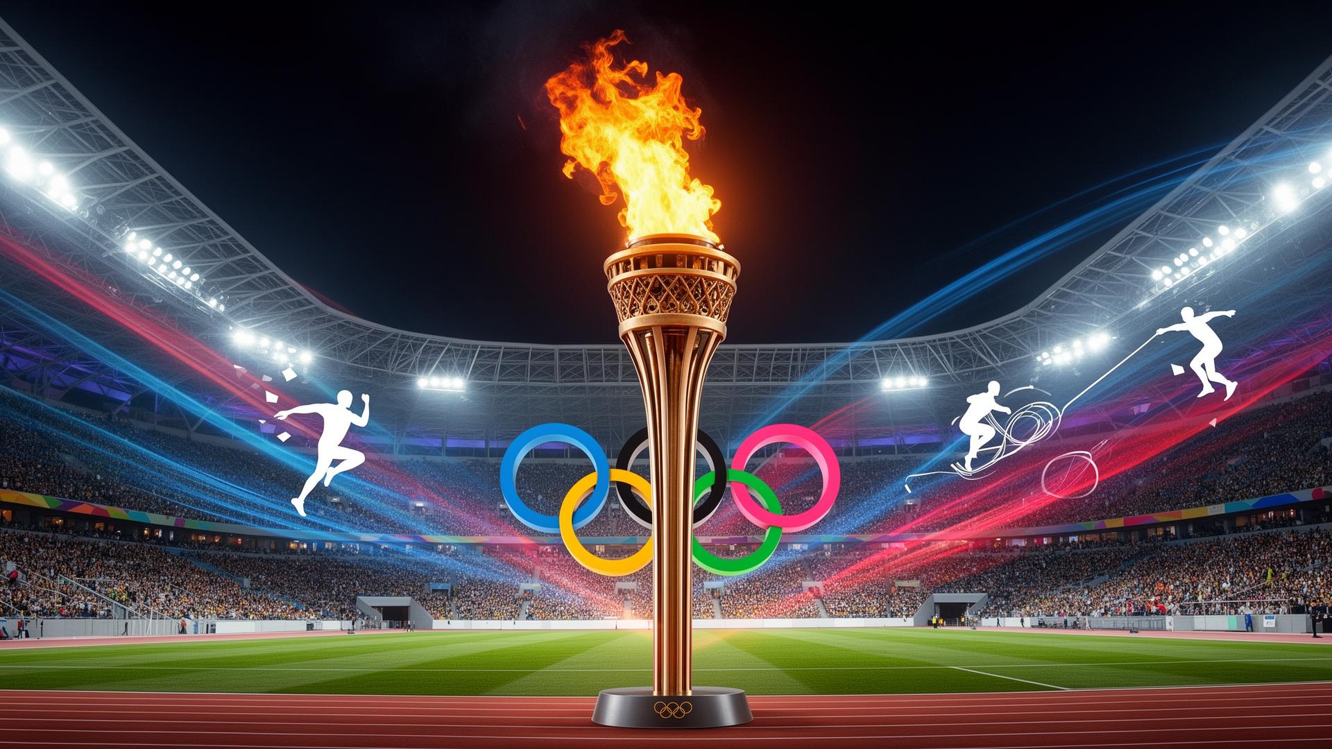 Olympic stadium with torch, rings, and athletic symbols in dynamic lighting