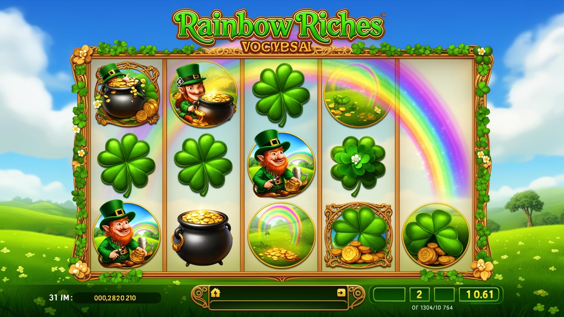 Rainbow Riches slot game interface with Irish symbols and bonus features