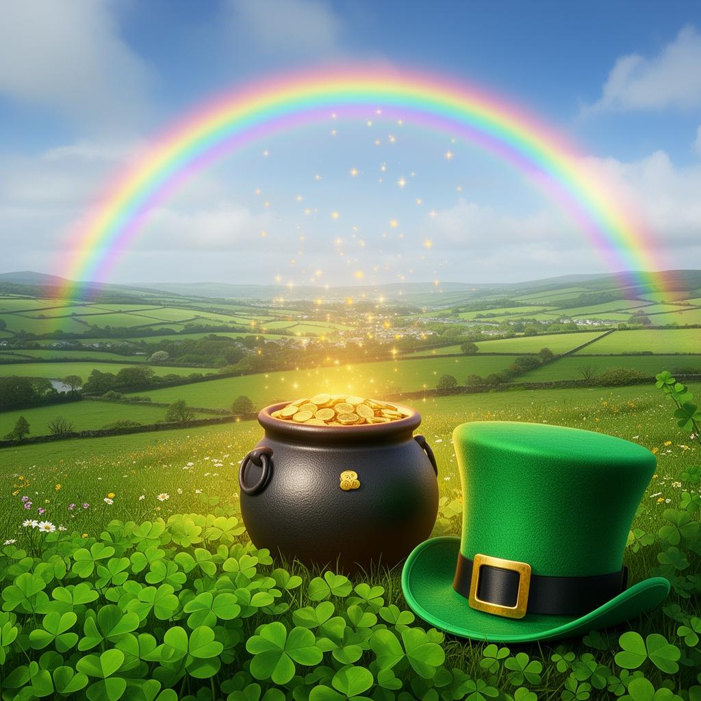 Colorful rainbow over Irish countryside with pot of gold, shamrocks, and leprechaun hat