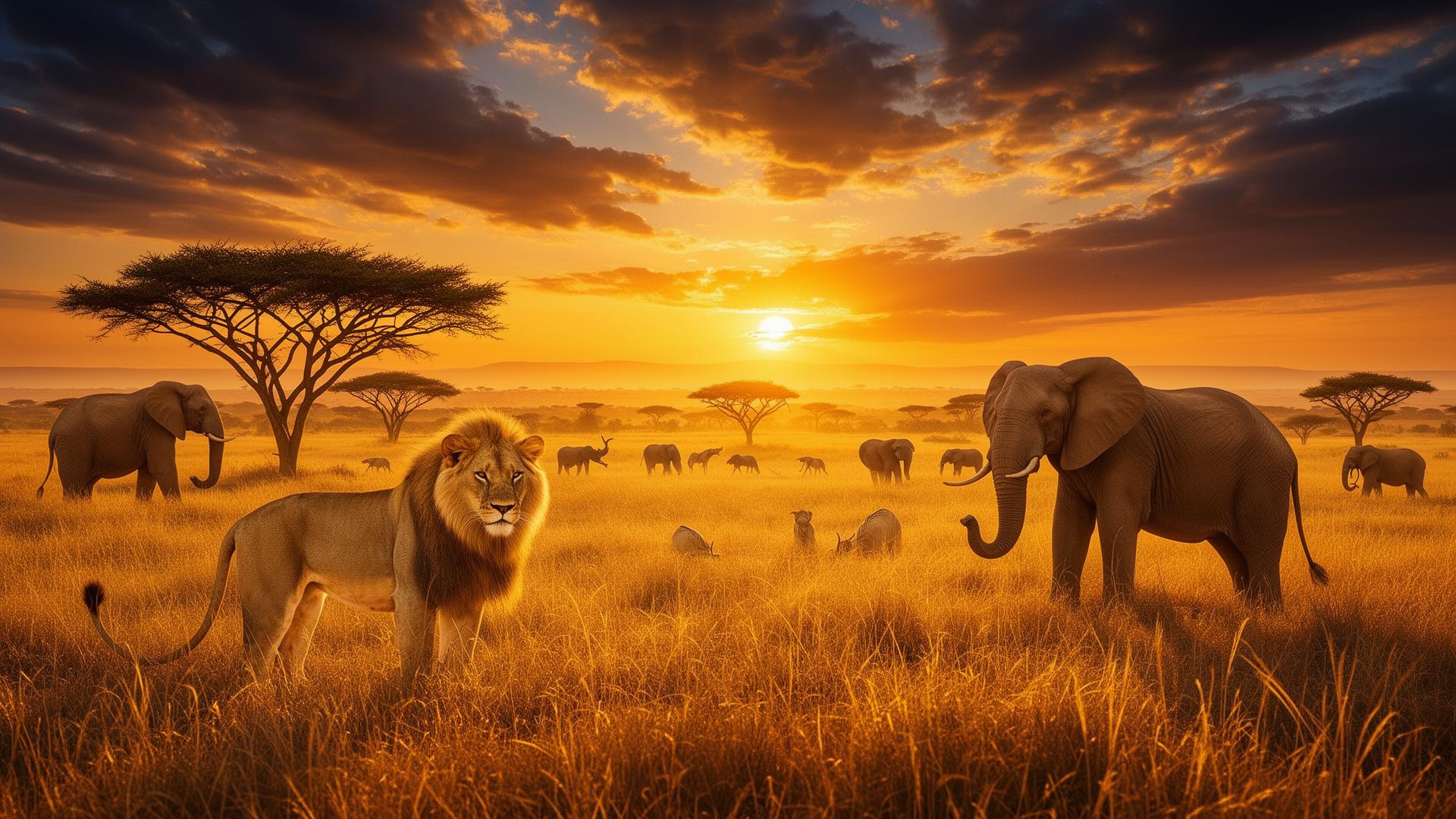 African savanna with lions, elephants, and wildlife in golden sunset